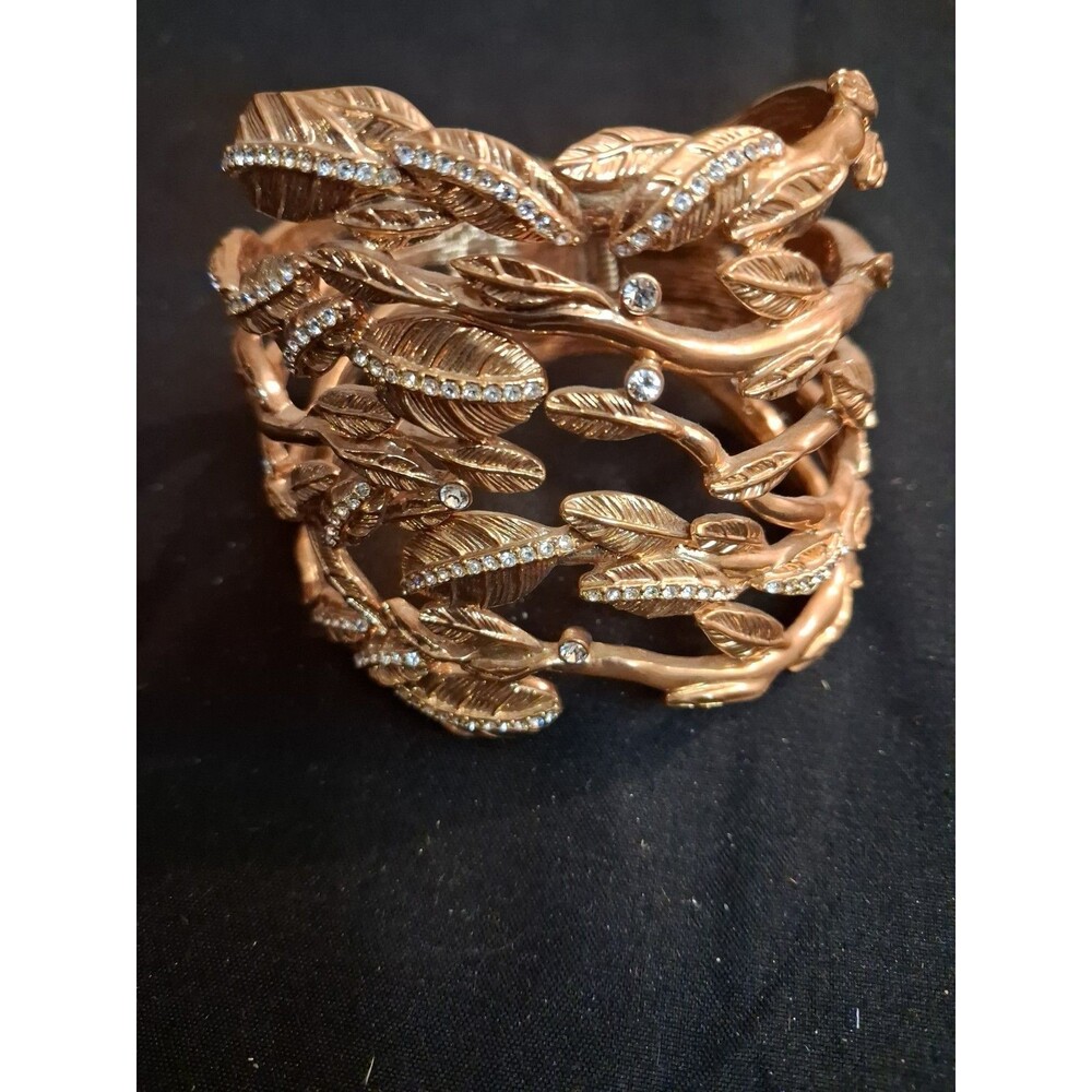 Y2K Rachel Zoe Leaf Twig Pattern Rhinestones Crystal Hinge Cuff Luxe Bracelet